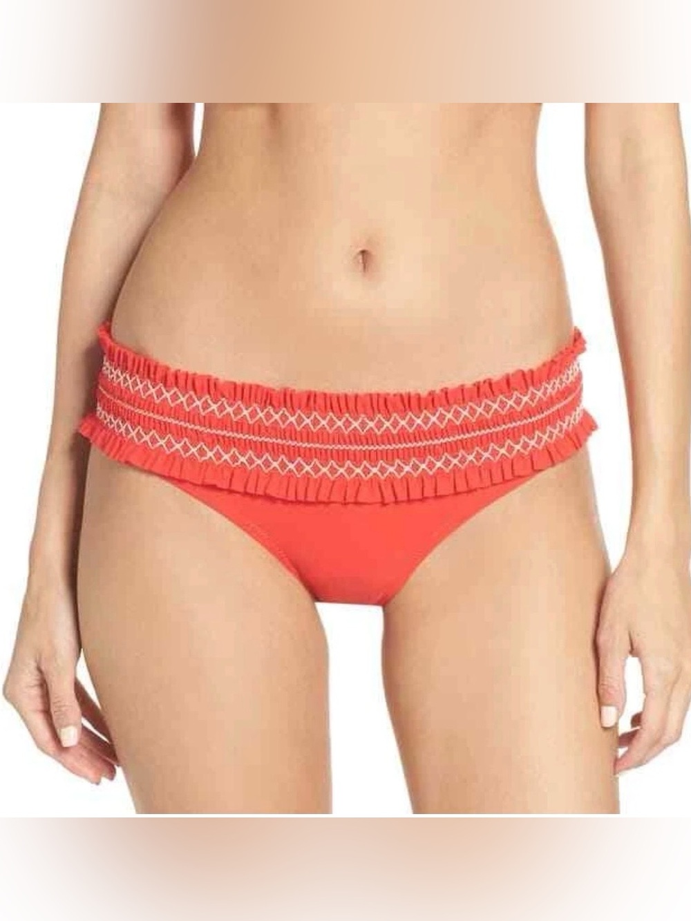 NWT Tory Burch Costa Smocked ruffle bikini Swim Bottom, Medium, poppy red